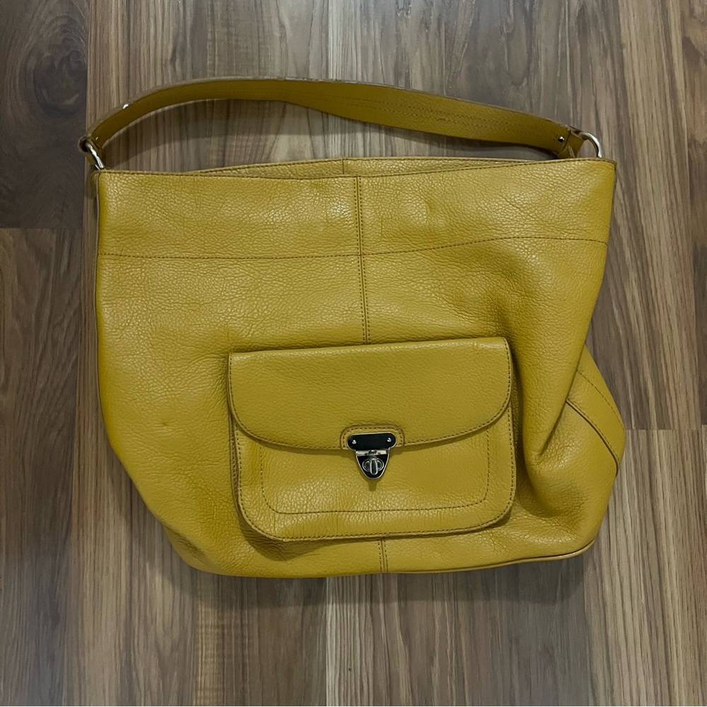 Large Banana Republic Mustard Yellow Pebbled Leather Tote Shoulder Bag